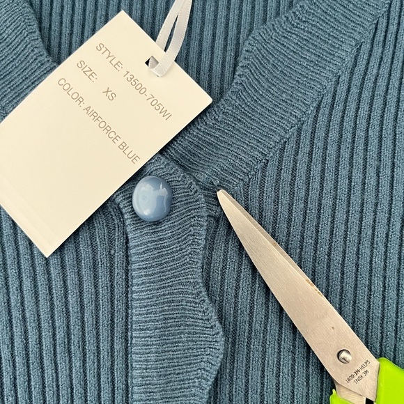 NWT Vila Milano/ Sweater/ Airforce Blue/ Sheer Floral Bubble Sleeves/ Size US XS - Picture 12 of 14